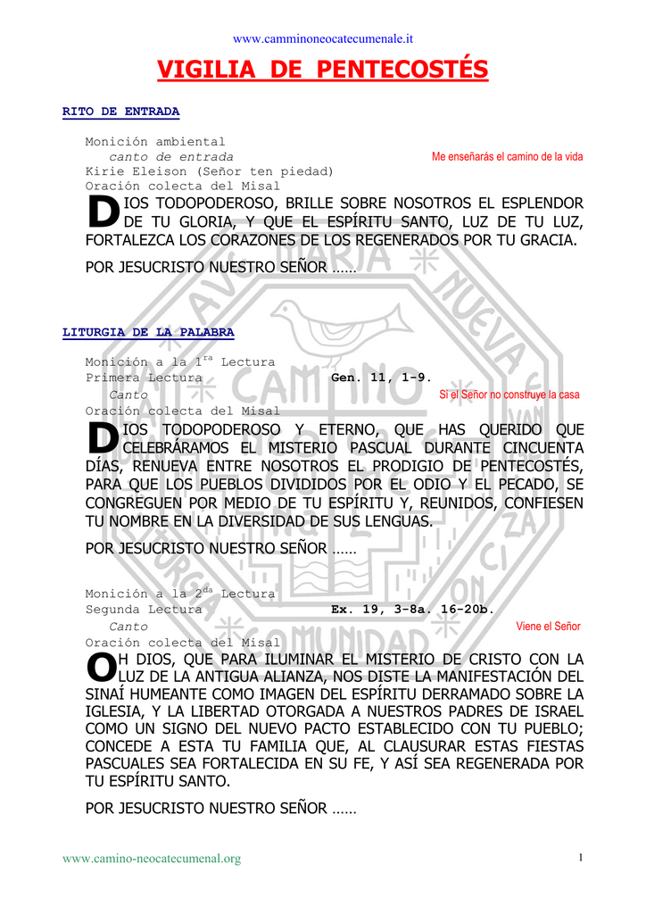 Cantos Para La Vigilia De Pentecostes Camino Neocatecumenal Vigilia De Pentecostes Camino Neocatecumenal