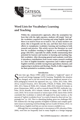 Word Lists for Vocabulary Learning and Teaching