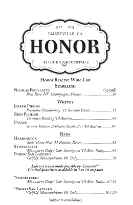 Honor Reserve Wine List Whites Reds