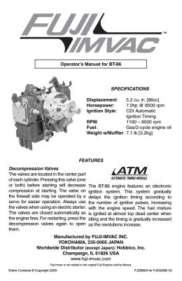 Operator`s Manual for BT-86 SPECIFICATIONS Displacement: 5.2