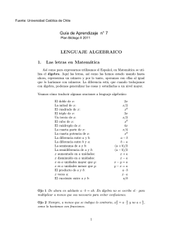 LENGUAJE ALGEBRAICO 1. Las letras en Matemática Guía de