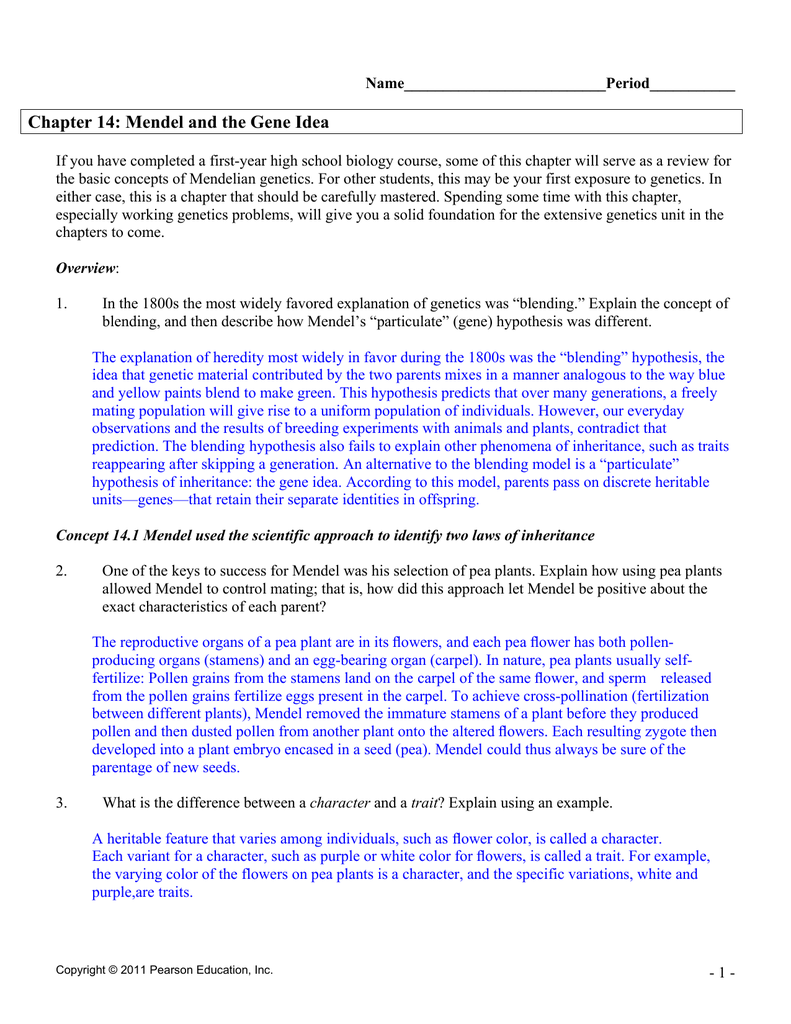 worksheet 11.1 The Work Of Gregor Mendel Worksheet Answers chapter 14 mendel and the gene idea