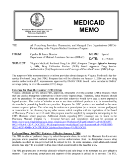 VA Medicaid PDL Medicaid Memo (for PDL effective 01/01/2016)
