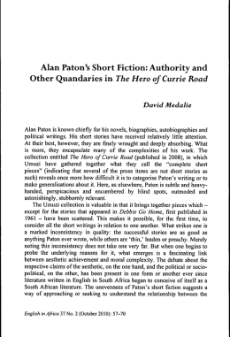 Alan Paton`s Short Fiction: Authority and Other Quandaries in The
