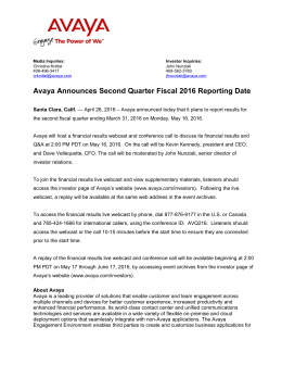 Avaya Announces Second Quarter Fiscal 2016 Reporting Date
