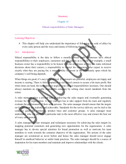 Summary Chapter 14 Ethical responsibilities of Sales Managers