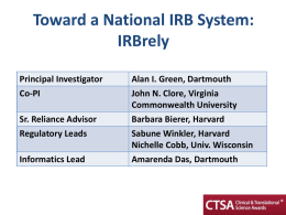 IRB Reliance Agreement Initiative: Report and Discussion