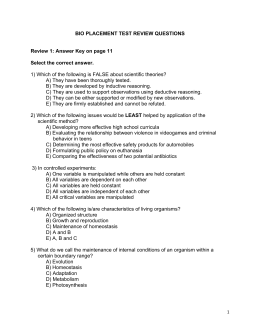BIO PLACEMENT TEST REVIEW QUESTIONS Review 1: Answer