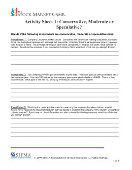 Activity Sheet 1: Risk Tolerance—Conservative, Moderate or