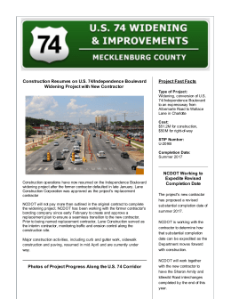 Construction Resumes on U.S. 74/Independence Boulevard