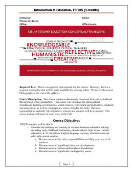 Introduction to Education- ED 205 (3 credits) Course Objectives