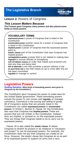 Legislative Powers The Legislative Branch