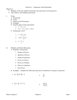 Honors Algebra 2 Chapter 6 Page 1 Section 6.1 – Operations with