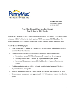 PennyMac Financial Services, Inc. Reports Fourth Quarter 2015