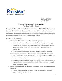PennyMac Financial Services, Inc. Reports First Quarter 2016 Results