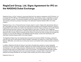 RegisCard Group, Ltd, Signs Agreement for IPO on the