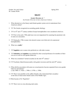 1 Gender, Sex and Culture Spring 2016 Dr. Leanna Wolfe Quiz #17