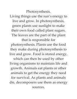 Photosynthesis. Living things use the sun`s energy to live and grow
