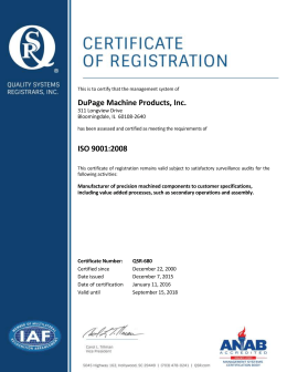 DuPage Machine Products, Inc. ISO 9001:2008