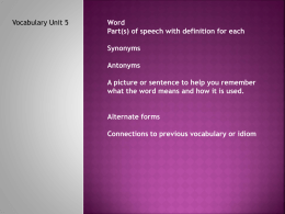 Word Part(s) of speech with definition for each Synonyms Antonyms