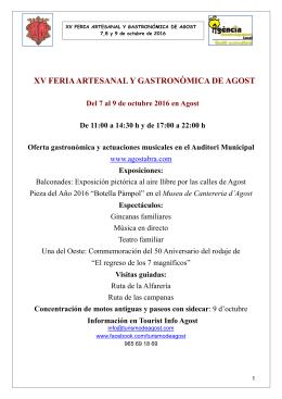 programación de la XV Fira Artesanal i Gastronómica d`Agost.