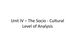 Unit IV – The Socio - Cultural Level of Analysis