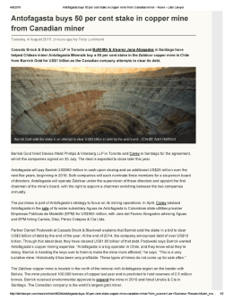 Antofagasta buys 50 per cent stake in copper mine from Canadian
