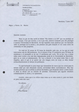 Carta de Pere Pascual al Rector de la UB sobre la oferta docent de