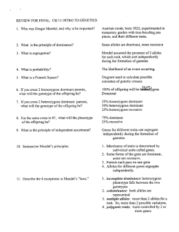 REVIEW FOR FINAL: CH 11 INTRO TO GENETICS