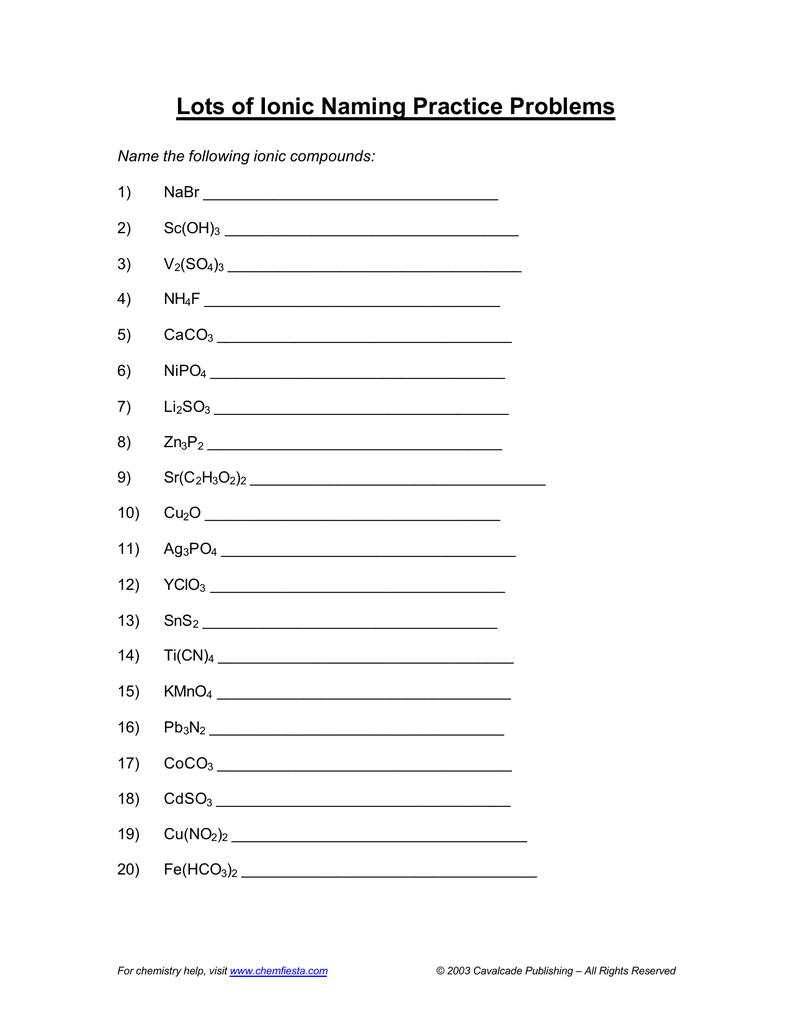 Lots of Ionic Naming Practice Problems Intended For Naming Compounds Practice Worksheet
