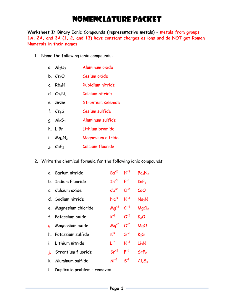 NOMENCLATURE PACkET With Regard To Naming Compounds Practice Worksheet