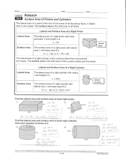 Reteach 10`4 Surface Area of Prisms and Cylinders