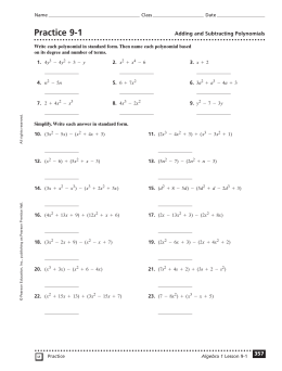 Practice 9-1 Adding and Subtracting Polynomials