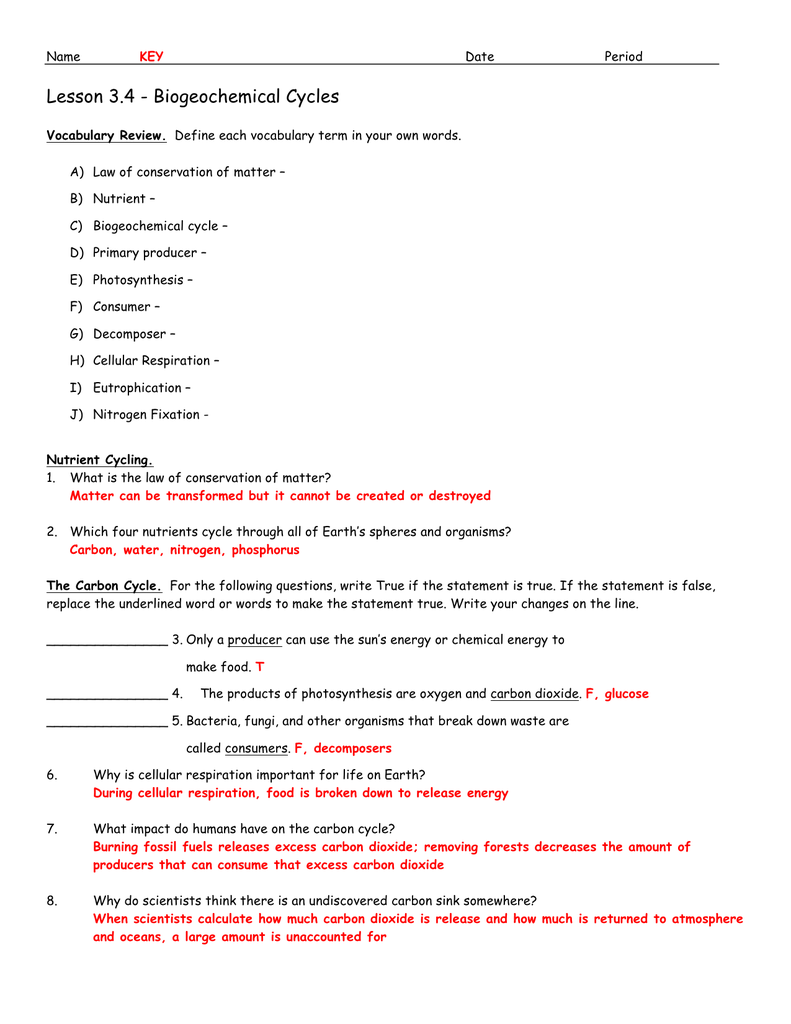 Lesson 11.11 - Biogeochemical Cycles For Cycles Worksheet Answer Key