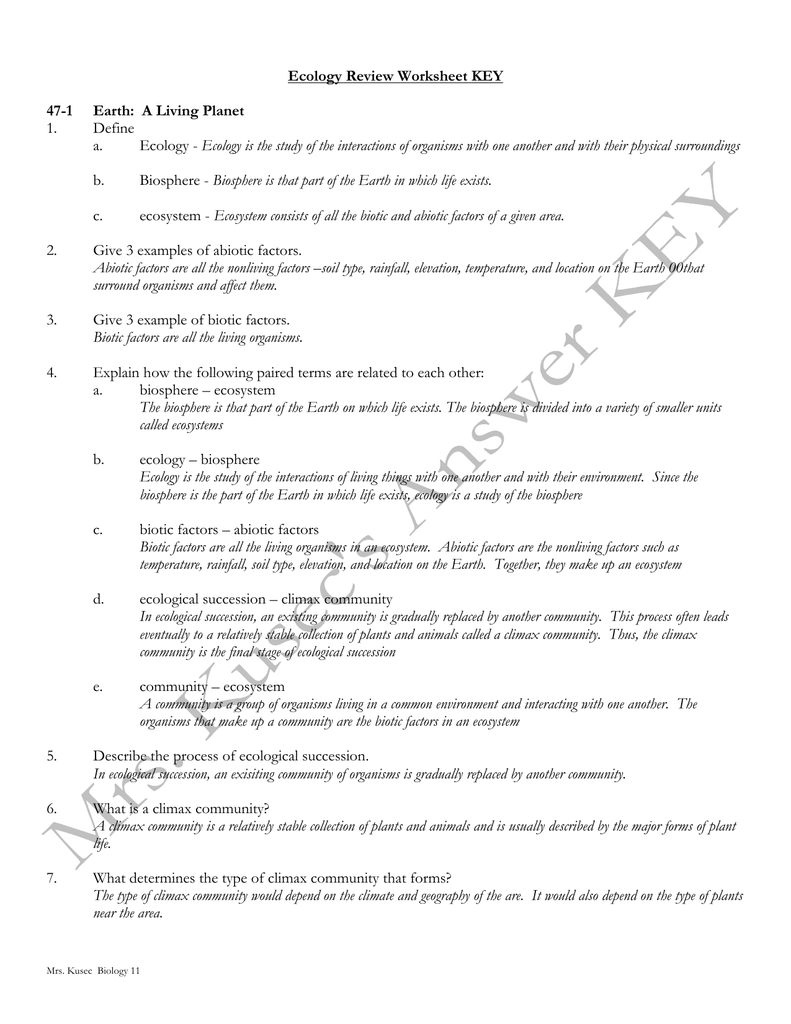 Ecology Review Worksheet KEY 22-22 Earth: A Living Planet 22 Pertaining To Ecology Review Worksheet 1