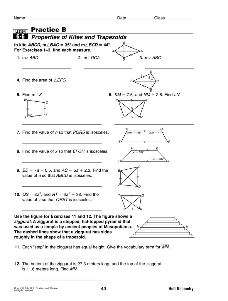 Practice B Properties of Kites and Trapezoids 22-22 For Geometry Worksheet Kites And Trapezoids