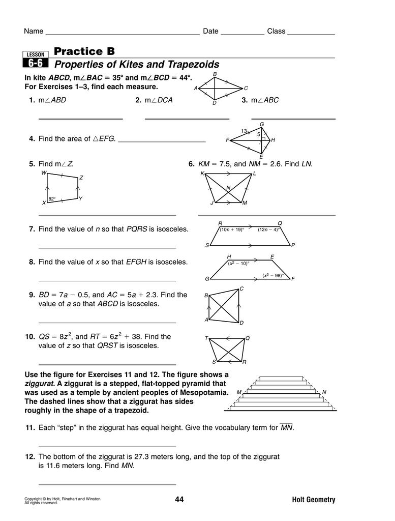 Practice B Properties Of Kites And Trapezoids 6 6