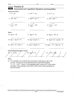 Practice B 7`5 Exponential and Logarithmic Equations and Inequalities