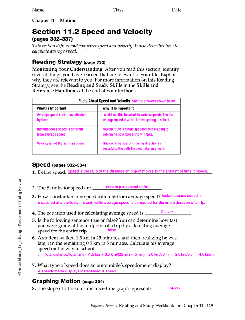 Chapter 255.25 Answer Key With Regard To Speed And Velocity Worksheet Answers