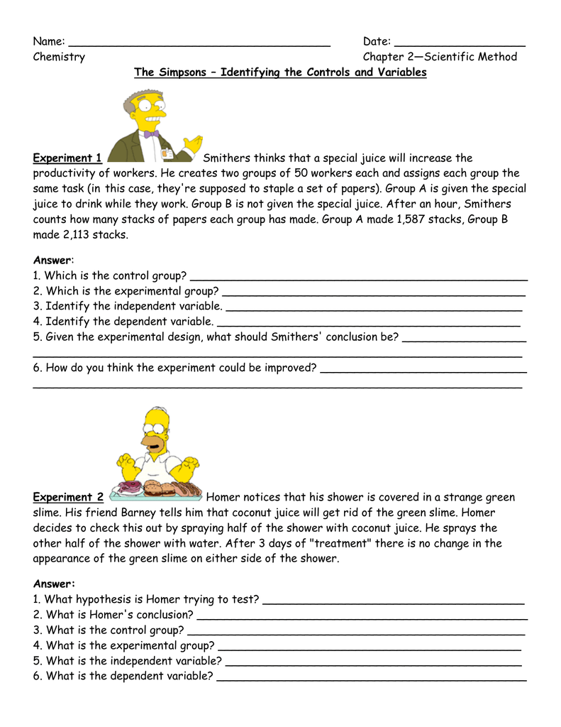 Name: Date: Chemistry Chapter 20—Scientific Method The Simpsons – For Simpsons Variables Worksheet Answers