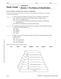 Study Guide Section 1: The History of Classification