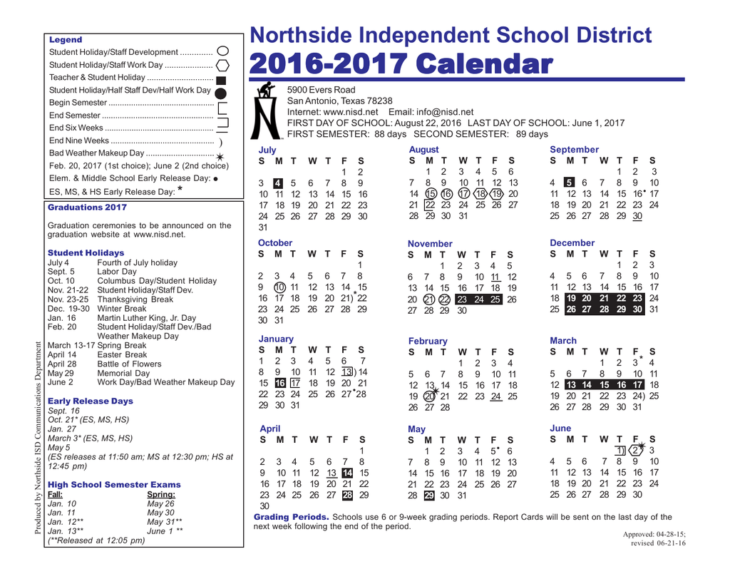 Nisd 2016 2017 Calendar Northside Independent School District