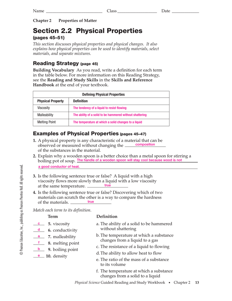 Physical Properties Of Matter Worksheet