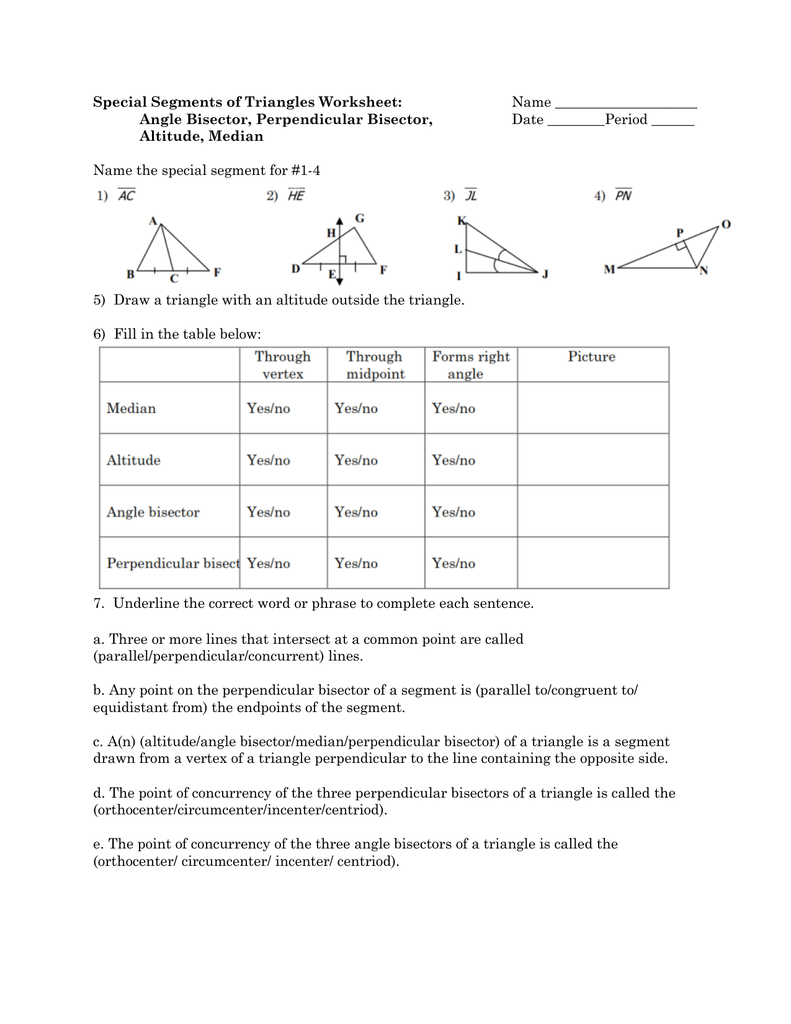 Special Segments of Triangles Worksheet For Points Of Concurrency Worksheet Answers