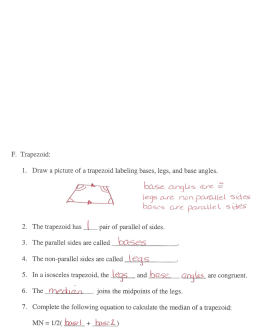 F. Trapezoid: 1. Draw a picture of a trapezoid labeling bases, legs