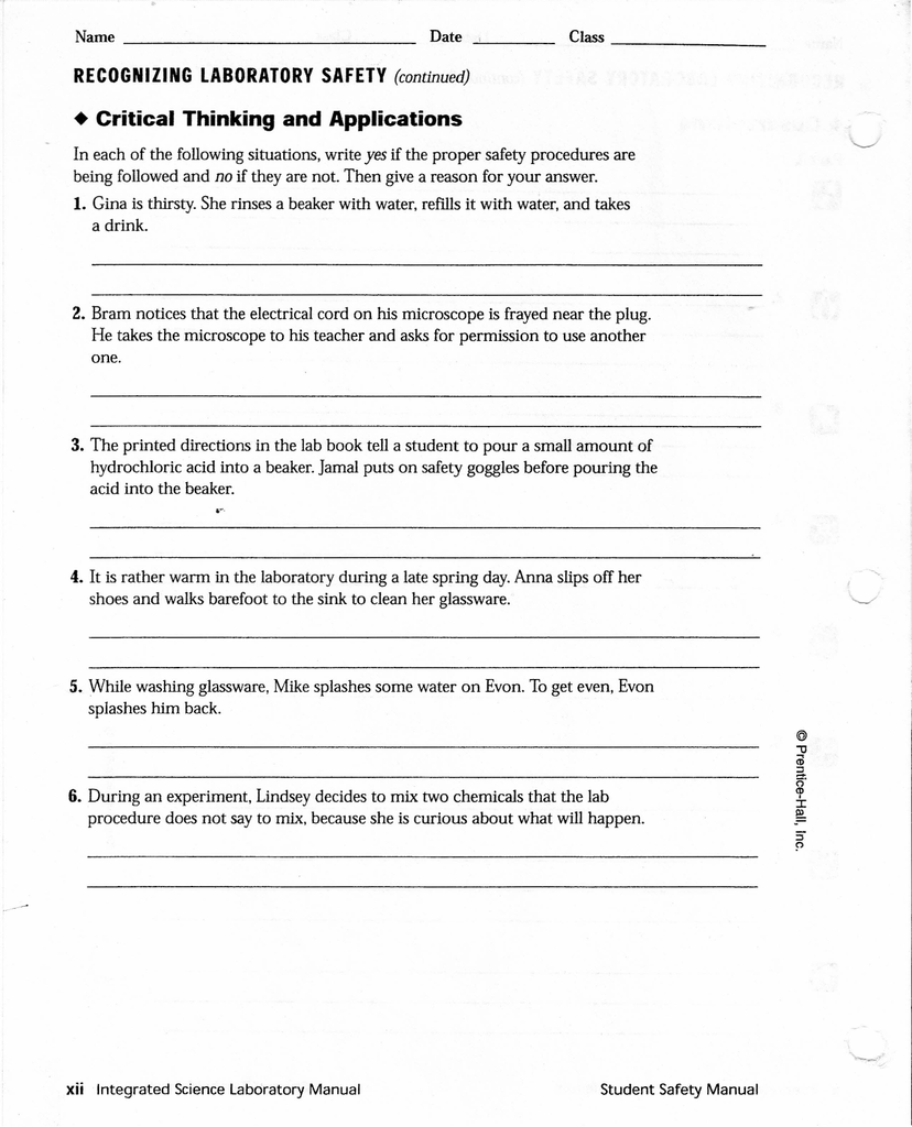 RECOGNIZING LABORATORY SAFETY (continued) • Critical Within Lab Safety Worksheet Answer Key