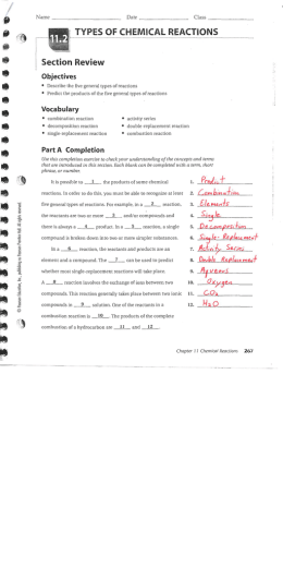 Page 1 Name Date TYPES OF CHEMICAL REACTIONS Class