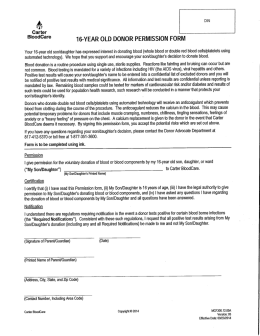 B`°°d°`ar° 16-YEAR OLD DONOR PERMISSION FORM