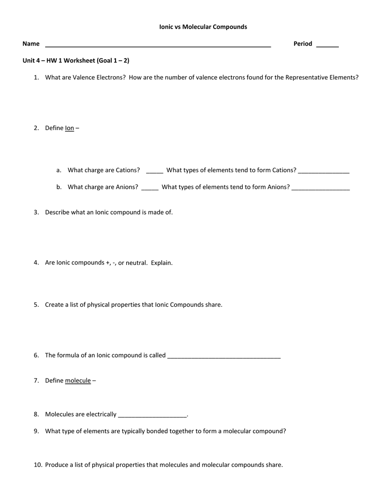 Ionic vs Molecular Compounds Name Period Unit 24 – HW 24 Worksheet Inside Molecules And Compounds Worksheet