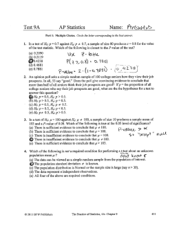 Page 1 Test 9A AP Statistics Name: f\YSw) ºve Part 1: Multiple